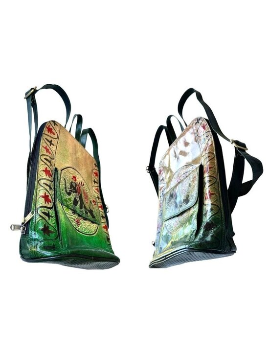 Shantiniketan Elephant Embossed Leather Backpack Handmade in India Travel READ main image 9